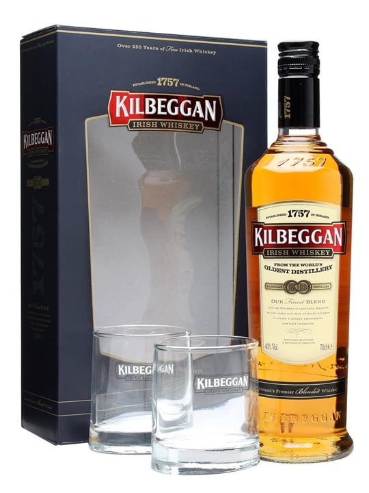 Kilbeggan + 2 Glasses Gift Pack Irish Blended Whiskey